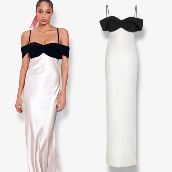Brandon Maxwell Off-The-Shoulder Silk Draped Black Bow Accent Maxi Dress Gown - Picture 7 of 15